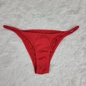 Red Ribbed String Bikini Bottom High Leg Swimwear Size Small